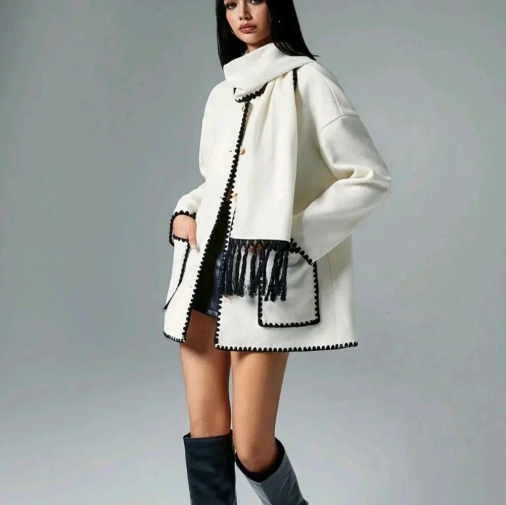 Coat With Scarf Collar, Mid-Length Sweater Coat, - Picture 2 of 6